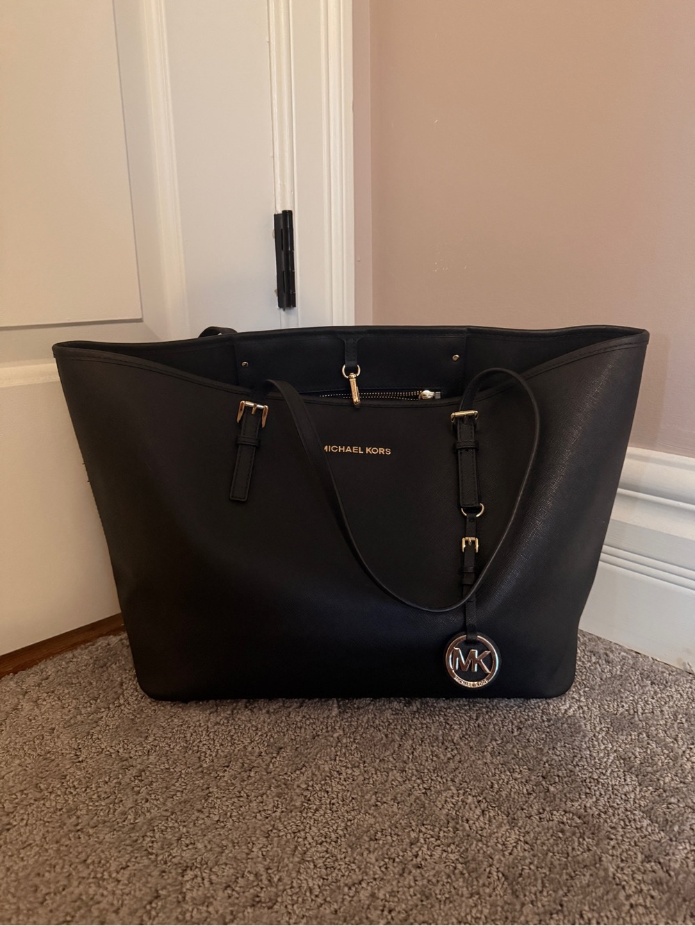 Michael Kors Black Leather Tote with Gold Hardware